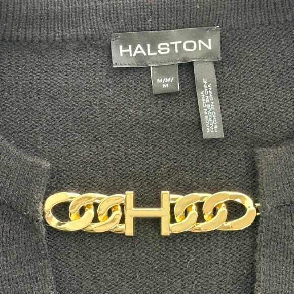 Halston Black Gold Chain Link Keyhole V-Neck Sweater Womens Size Medium M Career - Picture 7 of 10
